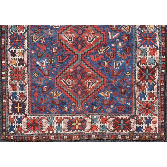Measures: 3'11 x 4'10 Antique Persian Shiraz Rug with Indigo Field and Diamond Medallions. Keivan Woven Arts/...
