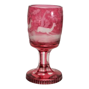 Bohemian Cranberry Ruby Cut Glass Deer Etched Goblet 6.5" H