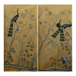 Hand-Painted Peacock & Floral Silk Wallpaper | Chinoiserie Mural | Custom Luxury Wall Mural for Living Room For Sale