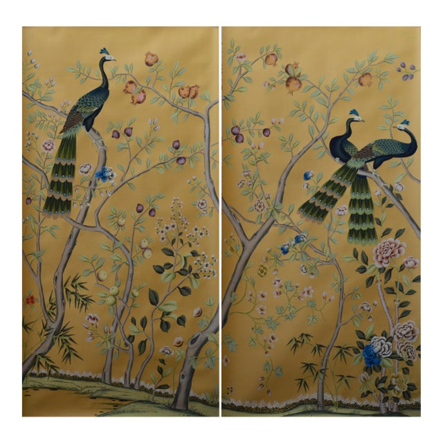 Hand-Painted Peacock & Floral Silk Wallpaper | Chinoiserie Mural | Custom Luxury Wall Mural for Living Room For Sale