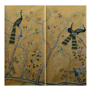 Hand-Painted Peacock & Floral Silk Wallpaper | Chinoiserie Mural | Custom Luxury Wall Mural for Living Room