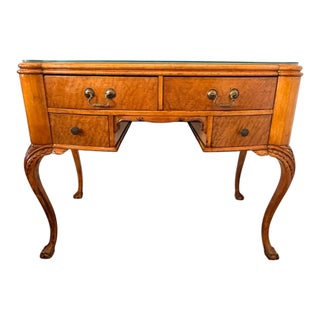 Vintage 1930s Queen Anne Style Burl Wood Writing Desk With Beveled Glass Top For Sale