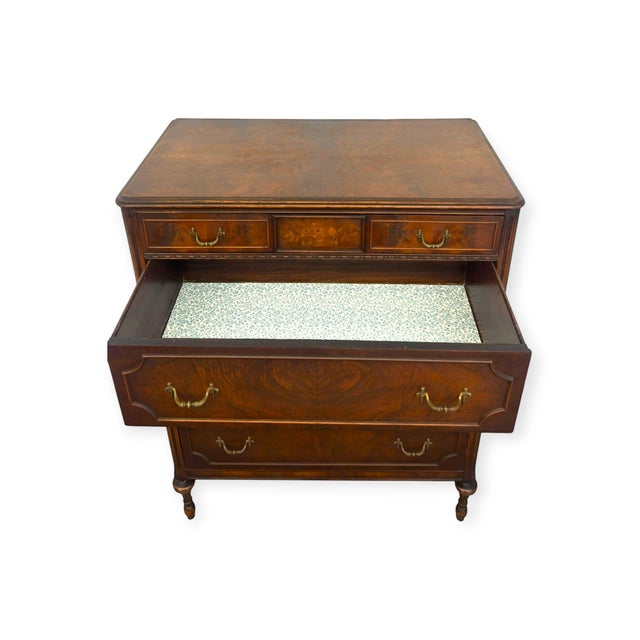 Vintage Traditional Burl Wood Tallboy Dresser With Floral Inlay and Pattern-Lined Drawers. For Sale - Image 9 of 13