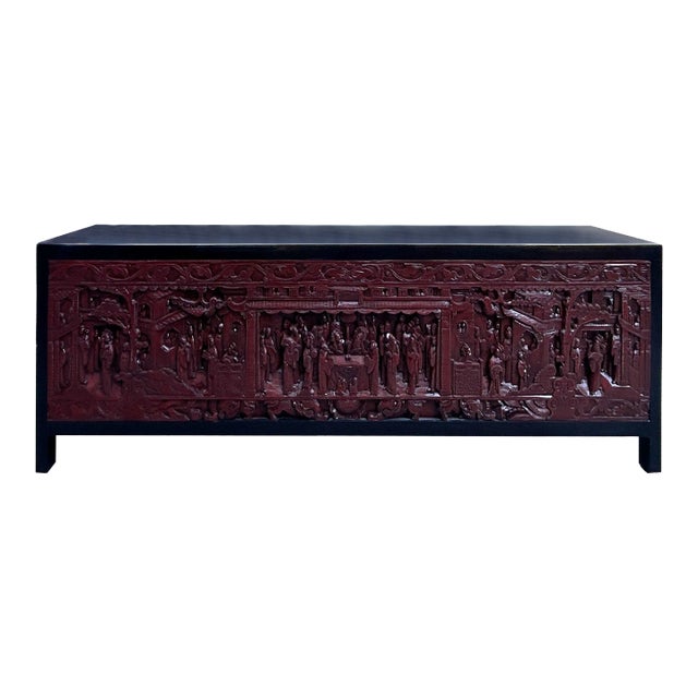 Black Brick Red Opera Scenery Relief Carving Panel Low Console Table Cabinet For Sale