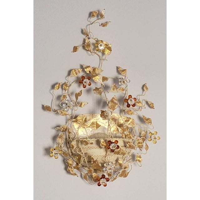 Pair of Italian Illuminated Mechini Handcrafted Wrought Iron Two-Light Wall Lamp With Bohemian Crystals and Murano Glass For Sale - Image 4 of 6