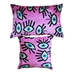 Set of 2 Contemporary Luxury Pink Handmade Silk Evil Eye Throw Pillows With Down Inserts