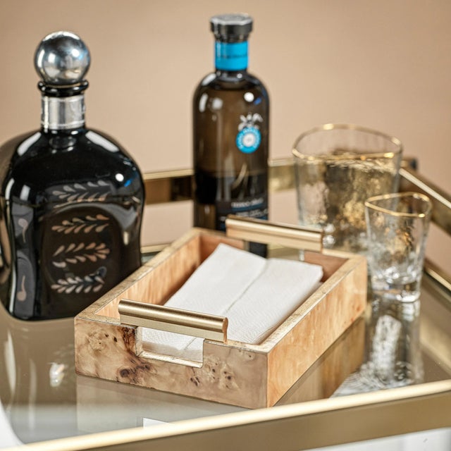 Beautiful bright honey veneer burl wood tray. Perfect rectangle shape with gold metal handles for serving, displaying...