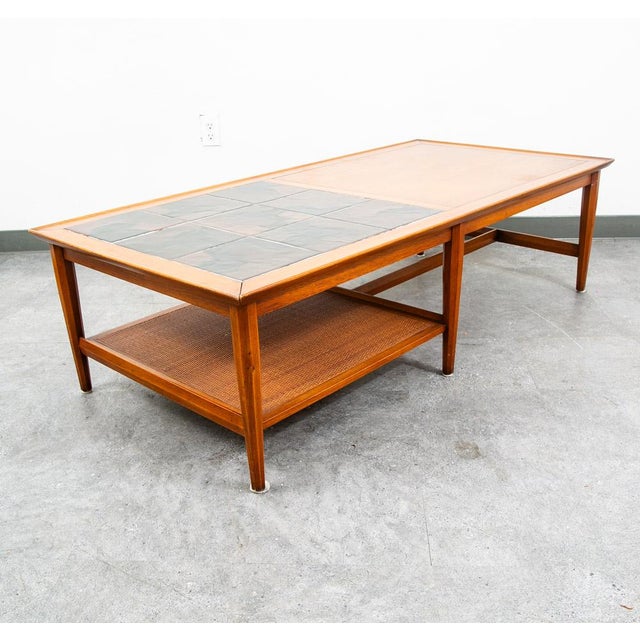 1960s Mid Century Modern Coffee Table Heritage Shelf Tile Walnut Wood Wide Vintage MCM For Sale - Image 5 of 12