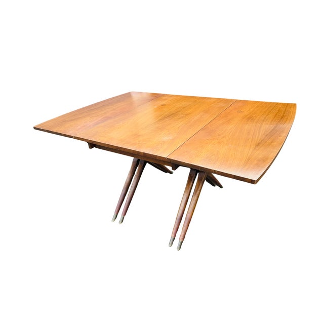 Mid-Century Modern Mid-Century Modern Craddock Drop-Leaf Dining Table – Walnut Top, Sculptural Double X Base, Expandable Space-Saving Design For Sale - Image 3 of 10