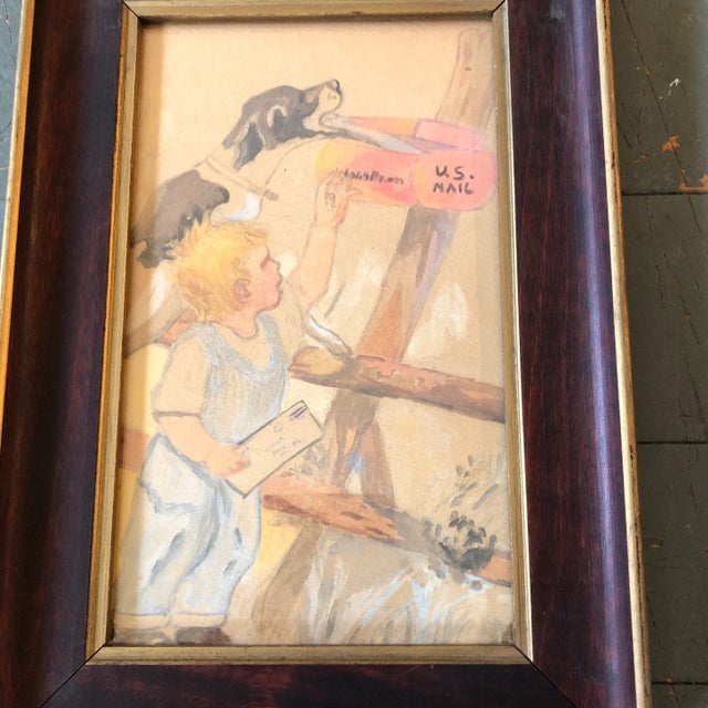 Original painting on cardboard 5 x 8.5 unsigned Overall size with vintage frame is 8 x 11.5