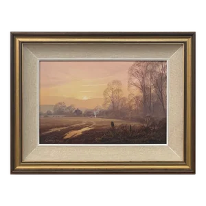 Farm in the Woods at Sunset in the English Countryside With Warm Brown Colours, Vintage Oil