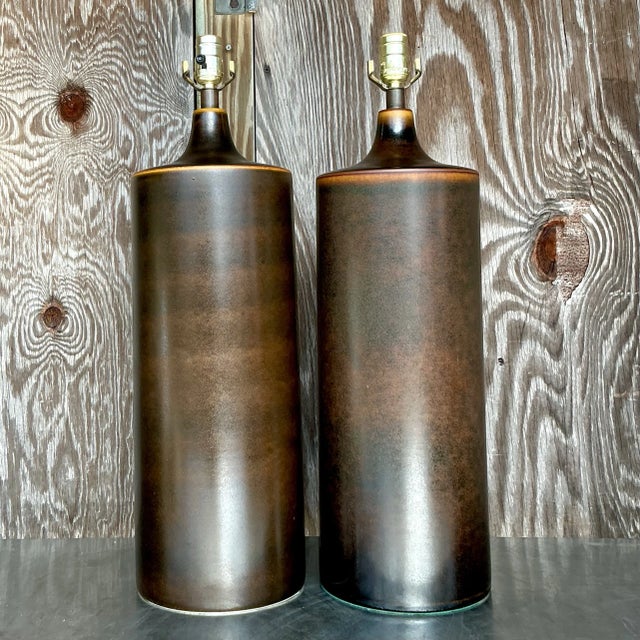 Vintage Boho 1960s Lotte and Gunnar Bostland Model 1700 Glazed Ceramic Table Lamps - a Pair For Sale In West Palm - Image 6 of 7