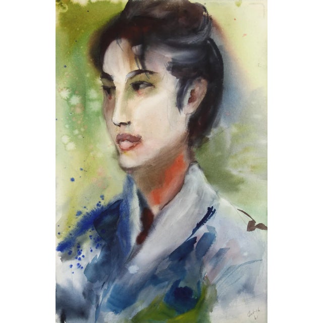 Facing the left, the raven haired woman in this Eve Nethercott watercolor appears serene and elegant against the soft...