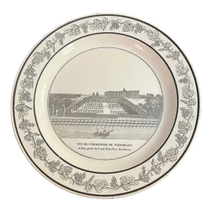 A Antique French Creamware Plate With Black Transfer Decoration, "Vue De l'Orangerie De Versailles", Circa 1800