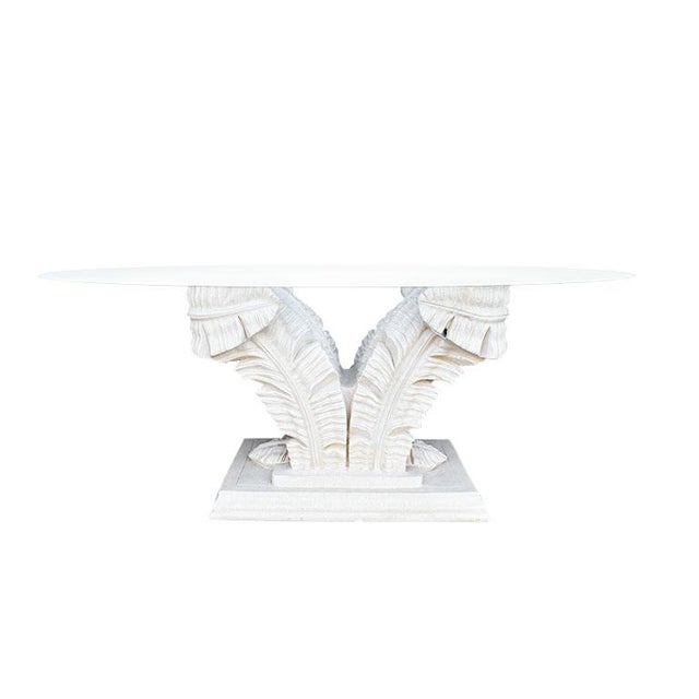 Mid 20th Century Sculptural Oval White Faux Bois Plaster Resin Palm Leaf Dining Table With Glass Top - Seats 4 For Sale - Image 5 of 5