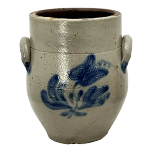Antique 1830s Early American Blue Front & Back Decorated Tulip Flower With 2 Gallon Stoneware Storage Crock