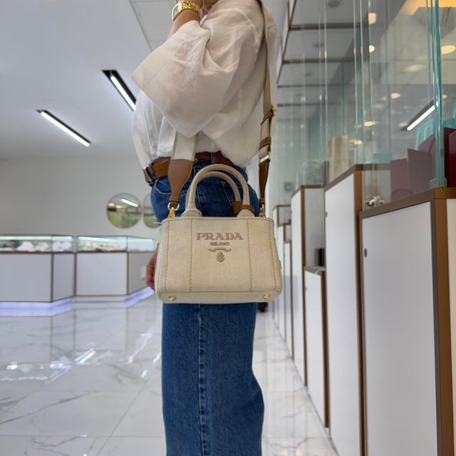 Prada Jardinière Natural Cotton Canvas Leather Trim Mini Handbag For Sale - Image 13 of 13