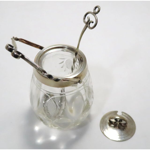 1900 - 1909 Antique English Sheffield Silverplate & Hand Cut Crystal Swing Handle Jam Jar & Spoon Set Circa 1900 For Sale - Image 5 of 13