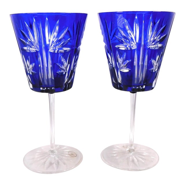 1980s Pair of Ajka Blue Cut to Clear Crystal Stemware For Sale