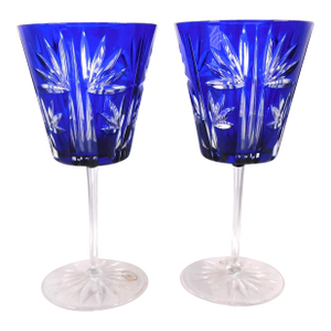 1980s Pair of Ajka Blue Cut to Clear Crystal Stemware