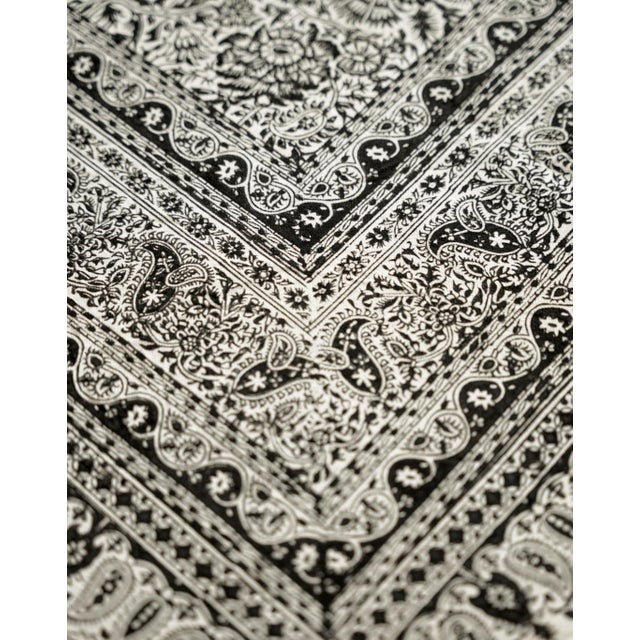 Hand Block-Printed Cotton Tablecloth, Monochrome Floral, 81 X 54 In For Sale - Image 4 of 4