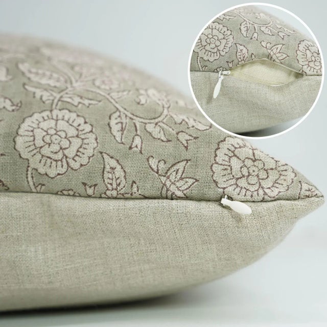 Farmhouse Floral Block Print Cushion Cover for Home Decor Thick Linen 22x22 Inch- Shillong For Sale - Image 3 of 4