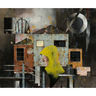 Flood Waters by Matthew Saba | Oil on panel depicting a figure in a yellow hood near houses. For Sale
