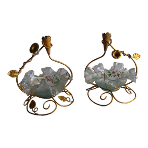 French Glass Enabled Compote and Candle Holders, 19th Century - Set of 2
