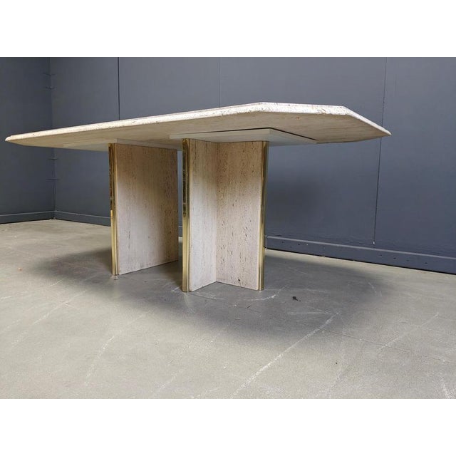 Hollywood Regency Vintage Italian Travertine and Brass Dining Table, 1970s For Sale - Image 3 of 14