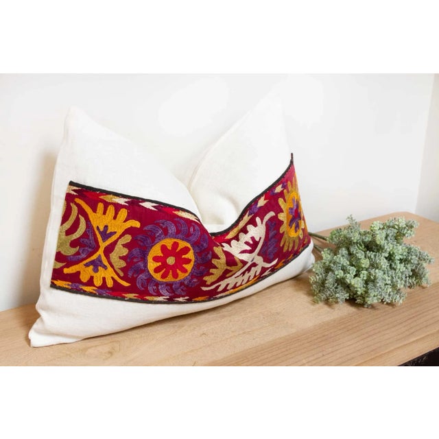 Asian Bisan Antique Uzbek Suzani Linen Pillow For Sale - Image 3 of 7