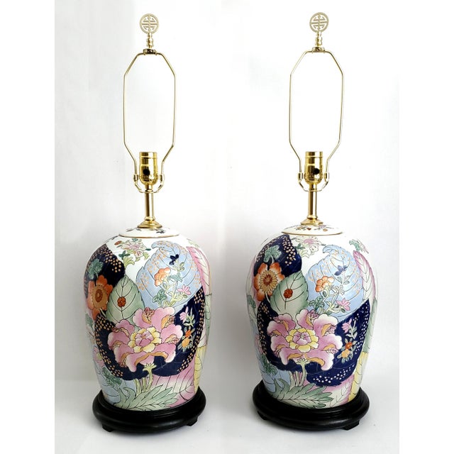 Mid 20th Century Lamps Ginger Jar Chinese Tobacco Leaf Pair For Sale - Image 5 of 11