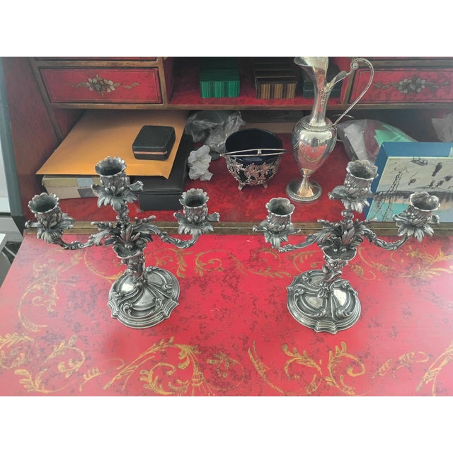 1920s Rococo Elaborated Detailed Rococo Arno Fassi Silver Foliate Pair of Candelabras - Pair For Sale - Image 10 of 13