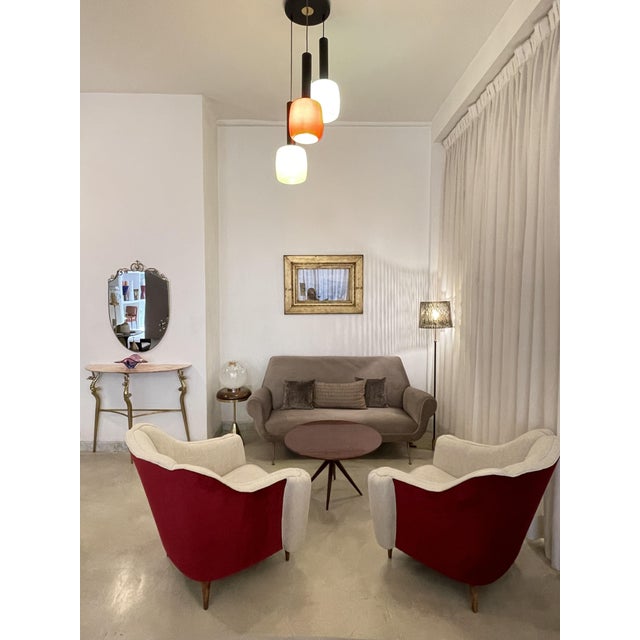 Mid-Century Modern Pair of 1950s Italian Armchairs in Linen and Velvet, Attributed to Gio Ponti For Sale - Image 3 of 12