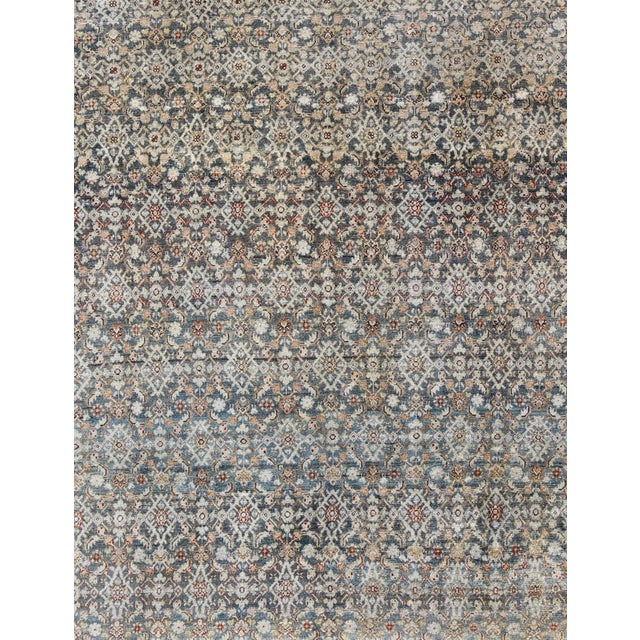 Measures: 8'7 x 11'0. Antique Persian Malayer Rug with all over Herati design in steel Blue, Gray, Teal, light blue, red &...