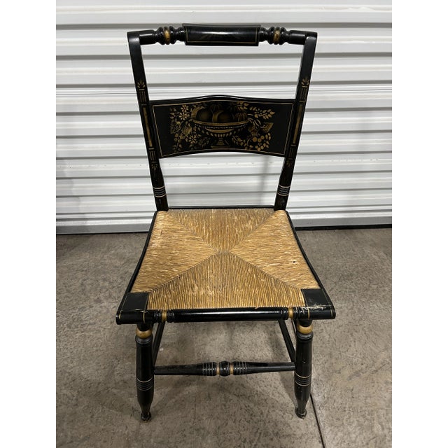 Vintage Lambert Hitchcock Chair Co. Painted & Stenciled Chairs With Rush Seat and Gold Trim. This 1970s chair is in good...