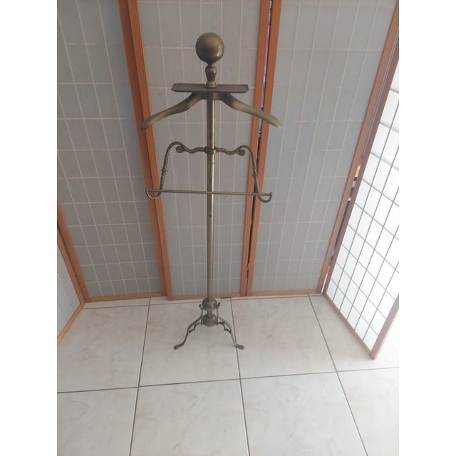 Vintage Art Deco Brass Gentleman's Valey Stand With Cannon Ball 1950's- 1960's Garment Rack. For Sale - Image 4 of 14