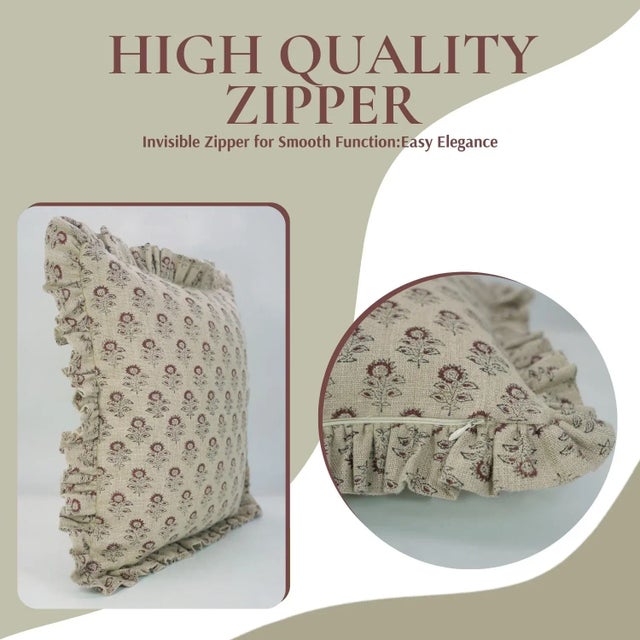 Art Deco Fabdivine Artistic Block Print Frill Pillow Cover Rust 22x22 Inch Thick Linen- Bagru Buti For Sale - Image 3 of 5