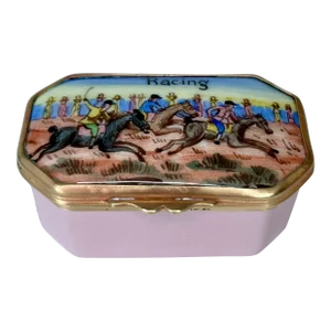 Antique English Enamel Trinket Box Equestrian Scene