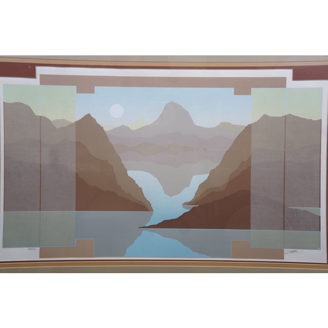 Southwestern Mountain Lake Horizon Sunset Landscape Serigraph 44" For Sale - Image 4 of 13