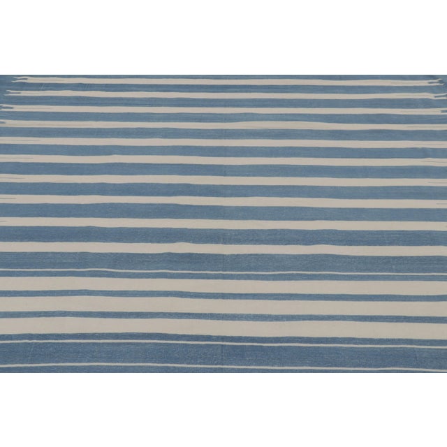 2010s Rug & Kilim’s Indian Dhurrie Rug in Deep Blue and White Stripes For Sale - Image 5 of 9