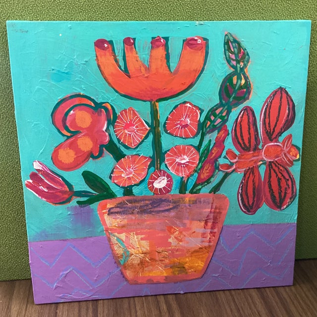 Ruby Red Abstract Floral Still Life Painting, Colorful Modern Vase Art, MCM Style, Original 8x8 For Sale - Image 8 of 8