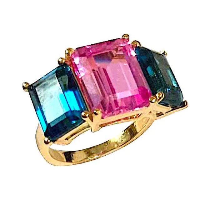 Christina Addison 18kt White Gold Three Stone Emerald Cut Ring With Blue Topaz and Iolite For Sale - Image 9 of 12