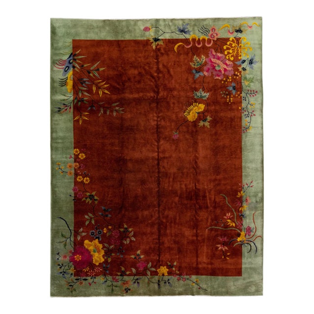 Antique Chinese Art Deco Handmade Brown & Green Wool Rug With Traditional Motif For Sale