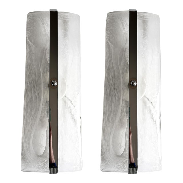 Contemporary Rectangular Venied-White "Alabastro" Murano Glass Chromed Wall Sconce - A Pair For Sale