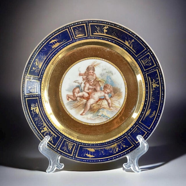 Putti Allegory with Raised Gold and Cobalt Border from Befos For Sale - Image 9 of 9