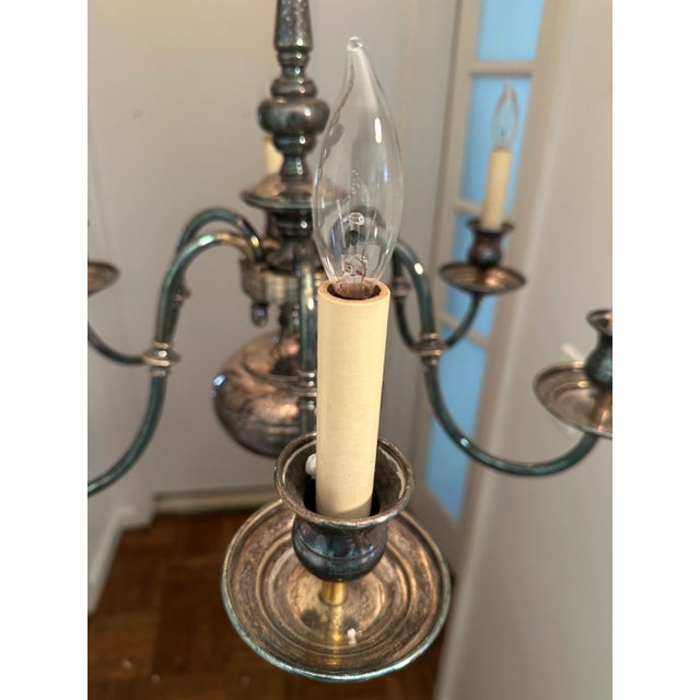 Vintage Six Arm Colonial Silver-Plated Chandelier For Sale - Image 11 of 11