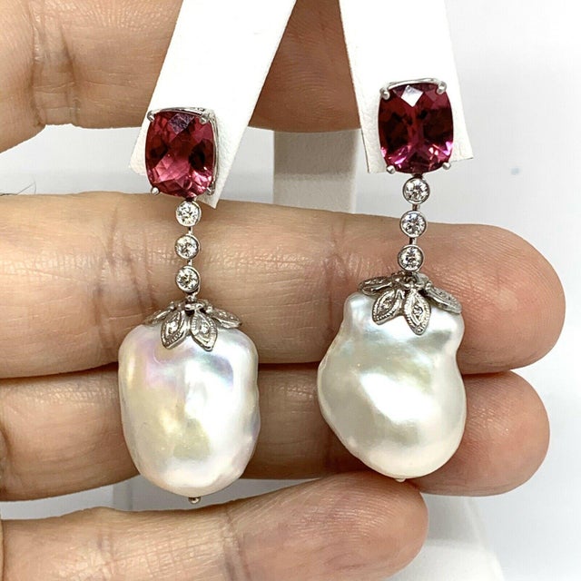 Diamond Rubellite Tourmaline Pearl Earrings 18k Gold 6.25 TCW Certified For Sale - Image 4 of 12