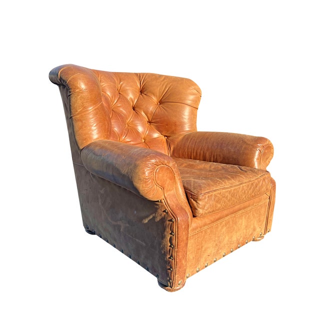 Animal Skin Restoration Hardware Leather Tufted Chair Seating Chesterfield Style With Brass Nail Heads For Sale - Image 7 of 12