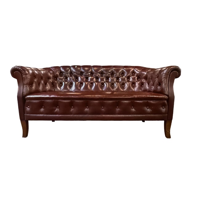 Swedish Chesterfield Sofa or Settee of Tufted Patinated Oxblood Leather For Sale - Image 13 of 15