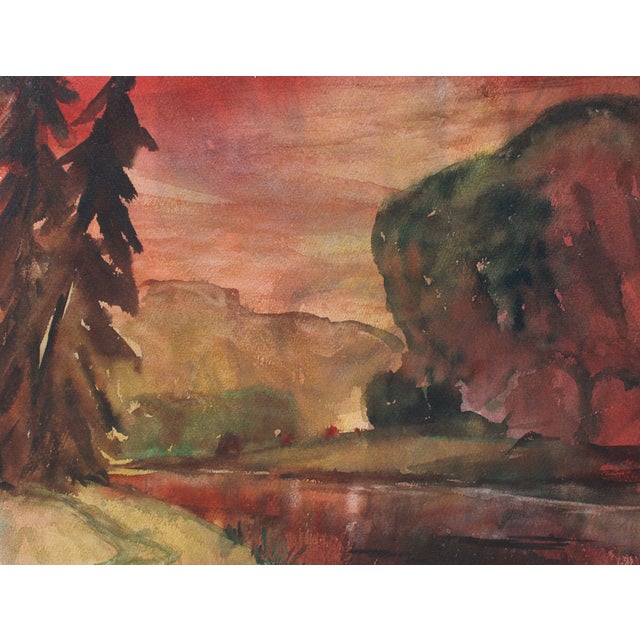 1960s Dzidra Ezergaile, Scarlet Sunset, Bilateral, Watercolor, 1960s For Sale - Image 5 of 5